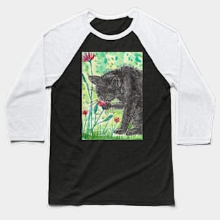 Black cat red flowers art Baseball T-Shirt